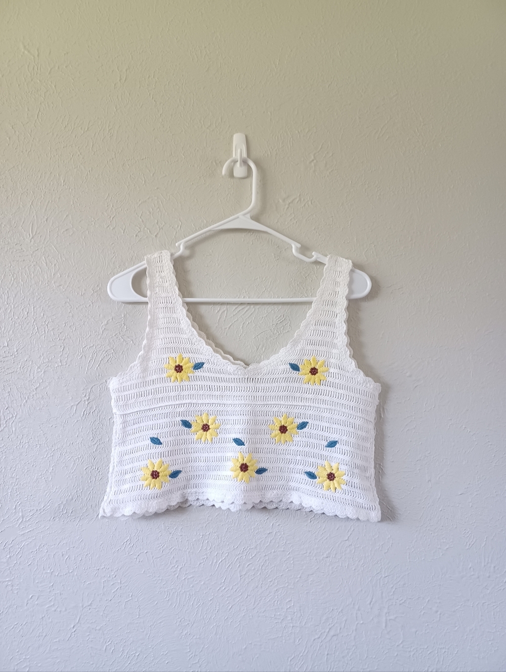 White Crochet Crop Tank with Yellow Flower Embroidery